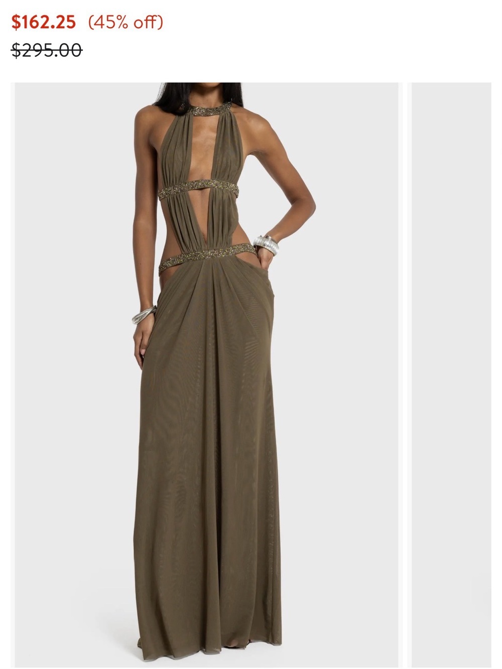 Jaded London Olive Halter Cutout Maxi Dress with Beaded Trim